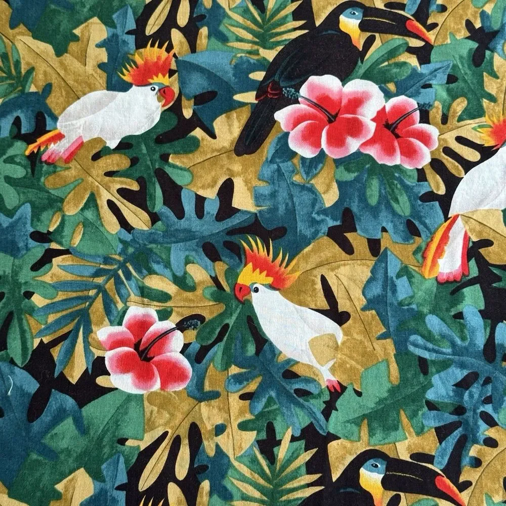 Vtg Alexander Henry Tropical Birds Fabric 2 Remnants Cockatoo Tucan Hibiscus OOP